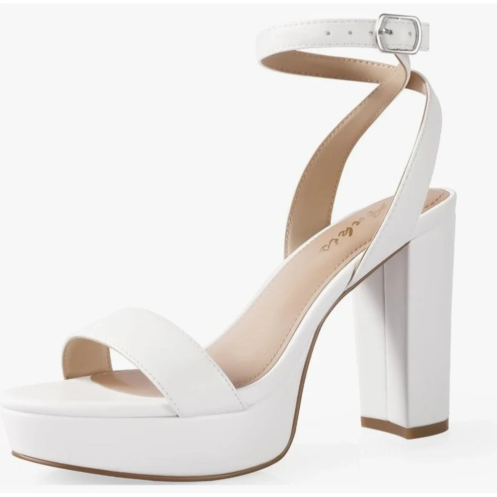 White Platform Block High Heel Sandals Ankle Strap Stiletto vegan Leather Size 9